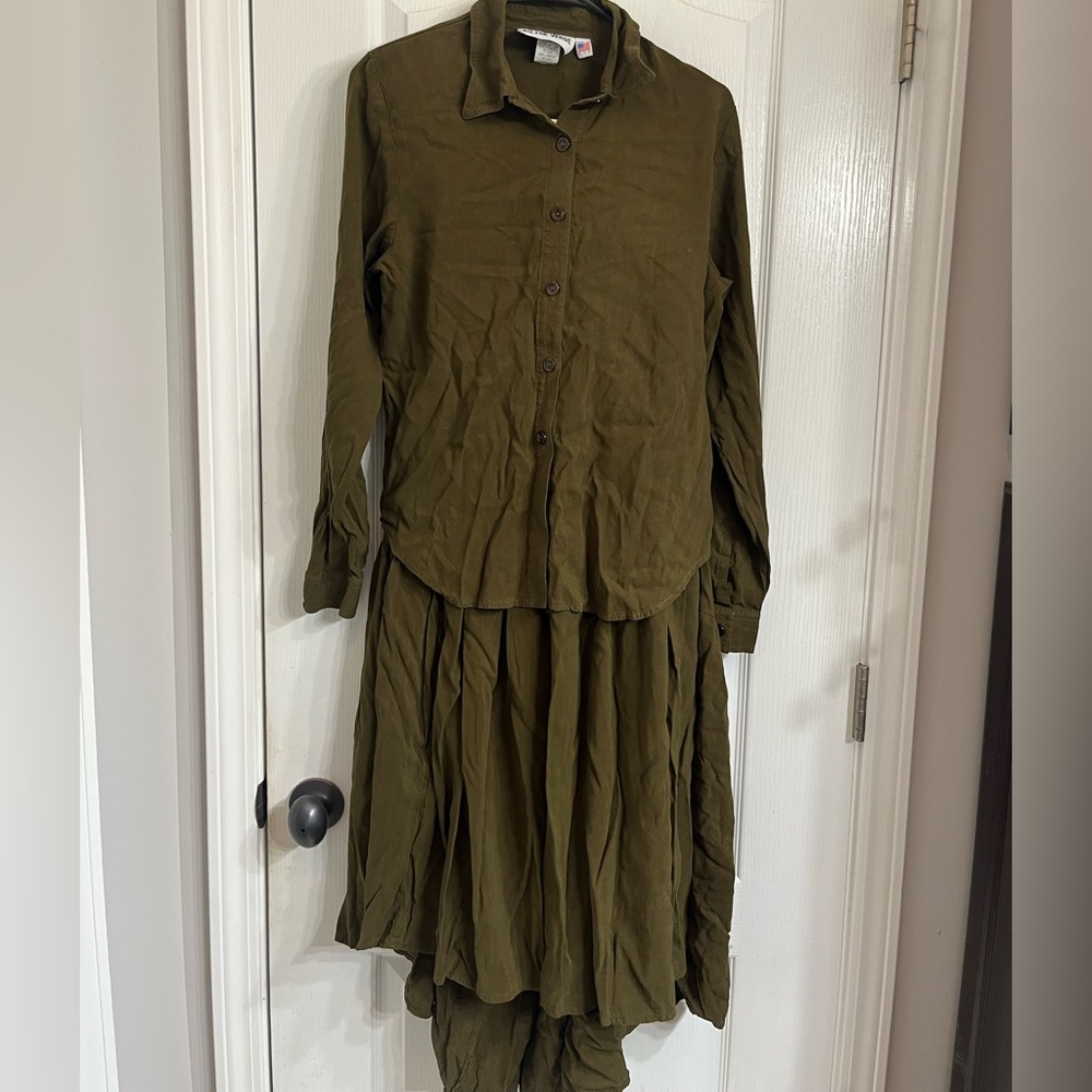 Vintage‎ 1990’s On the Verge Army Green Button up & Broomstick Skirt 2 Piece Set